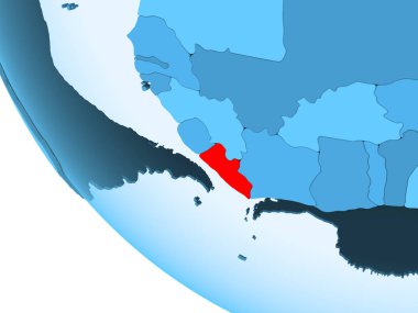 Liberya kırmızı şeffaf okyanuslar ile mavi siyasi dünya üzerinde vurgulanır. 3D çizim.