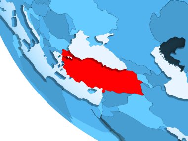 Türkiye'nin kırmızı şeffaf okyanuslar ile mavi siyasi dünya üzerinde vurgulanır. 3D çizim.