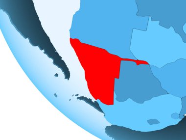 Namibya kırmızı şeffaf okyanuslar ile mavi siyasi dünya üzerinde vurgulanır. 3D çizim.