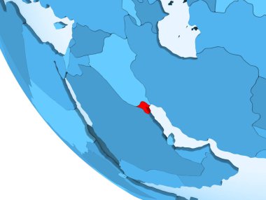 Kuveyt kırmızı şeffaf okyanuslar ile mavi siyasi dünya üzerinde vurgulanır. 3D çizim.