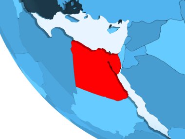 Mısır kırmızı şeffaf okyanuslar ile mavi siyasi dünya üzerinde vurgulanır. 3D çizim.