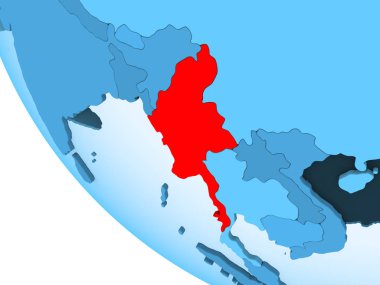 Myanmar kırmızı şeffaf okyanuslar ile mavi siyasi dünya üzerinde vurgulanır. 3D çizim.