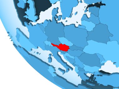 Avusturya kırmızı şeffaf okyanuslar ile mavi siyasi dünya üzerinde vurgulanır. 3D çizim.