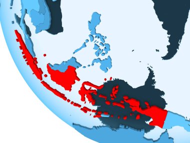 Endonezya kırmızı şeffaf okyanuslar ile mavi siyasi dünya üzerinde vurgulanır. 3D çizim.