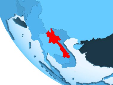 Laos kırmızı şeffaf okyanuslar ile mavi siyasi dünya üzerinde vurgulanır. 3D çizim.