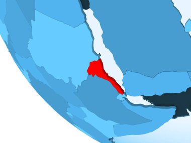 Eritre kırmızı şeffaf okyanuslar ile mavi siyasi dünya üzerinde vurgulanır. 3D çizim.