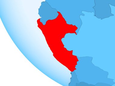 Peru kırmızı şeffaf okyanuslar ile mavi siyasi dünya üzerinde vurgulanır. 3D çizim.