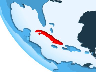 Küba kırmızı şeffaf okyanuslar ile mavi siyasi dünya üzerinde vurgulanır. 3D çizim.