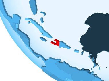 Haiti kırmızı şeffaf okyanuslar ile mavi siyasi dünya üzerinde vurgulanır. 3D çizim.
