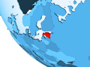 Estonya kırmızı şeffaf okyanuslar ile mavi siyasi dünya üzerinde vurgulanır. 3D çizim.