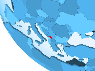 Kosova kırmızı şeffaf okyanuslar ile mavi siyasi dünya üzerinde vurgulanır. 3D çizim.