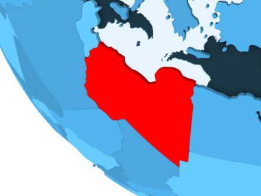 Libya şeffaf okyanuslar ile mavi siyasi dünya üzerinde kırmızı vurgulanır. 3D çizim.