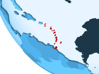 Karayipler kırmızı şeffaf okyanuslar ile mavi siyasi dünya üzerinde vurgulanır. 3D çizim.
