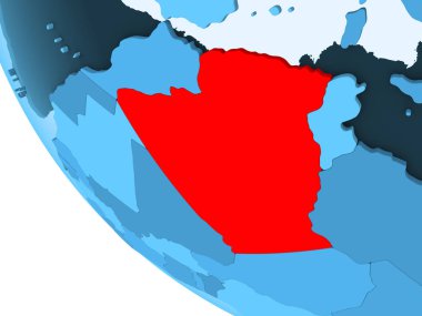 Cezayir kırmızı şeffaf okyanuslar ile mavi siyasi dünya üzerinde vurgulanır. 3D çizim.