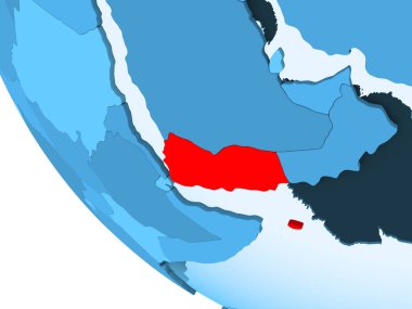 Yemen kırmızı şeffaf okyanuslar ile mavi siyasi dünya üzerinde vurgulanır. 3D çizim.