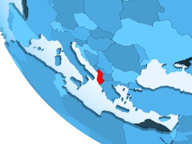 Arnavutluk kırmızı şeffaf okyanuslar ile mavi siyasi dünya üzerinde vurgulanır. 3D çizim.