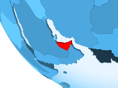 Birleşik Arap Emirlikleri kırmızı şeffaf okyanuslar ile mavi siyasi dünya üzerinde vurgulanır. 3D çizim.