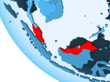 Malezya kırmızı şeffaf okyanuslar ile mavi siyasi dünya üzerinde vurgulanır. 3D çizim.