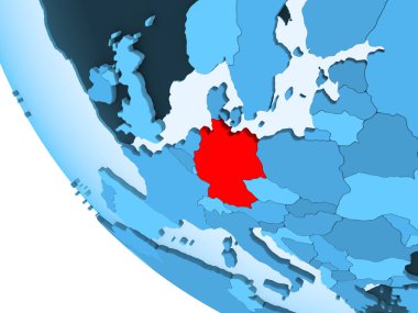 Almanya kırmızı şeffaf okyanuslar ile mavi siyasi dünya üzerinde vurgulanır. 3D çizim.