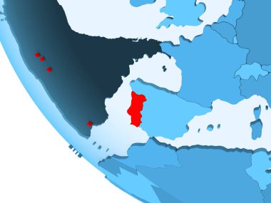 Portekiz kırmızı şeffaf okyanuslar ile mavi siyasi dünya üzerinde vurgulanır. 3D çizim.