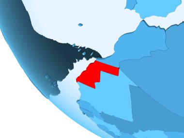 Batı Sahra kırmızı şeffaf okyanuslar ile mavi siyasi dünya üzerinde vurgulanır. 3D çizim.