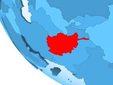 Afganistan kırmızı şeffaf okyanuslar ile mavi siyasi dünya üzerinde vurgulanır. 3D çizim.