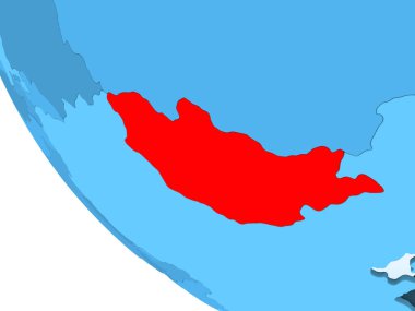 Moğolistan kırmızı şeffaf okyanuslar ile mavi siyasi dünya üzerinde vurgulanır. 3D çizim.