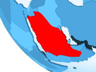 Suudi Arabistan kırmızı şeffaf okyanuslar ile mavi siyasi dünya üzerinde vurgulanır. 3D çizim.