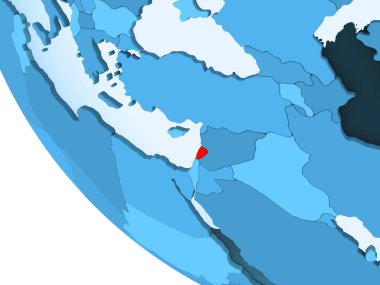 Lübnan kırmızı şeffaf okyanuslar ile mavi siyasi dünya üzerinde vurgulanır. 3D çizim.