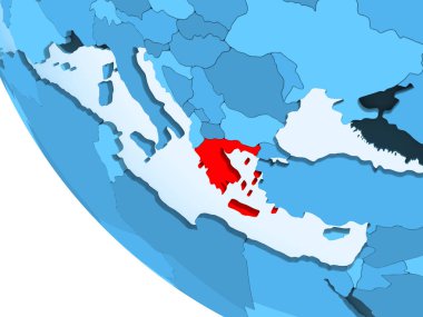 Yunanistan kırmızı şeffaf okyanuslar ile mavi siyasi dünya üzerinde vurgulanır. 3D çizim.