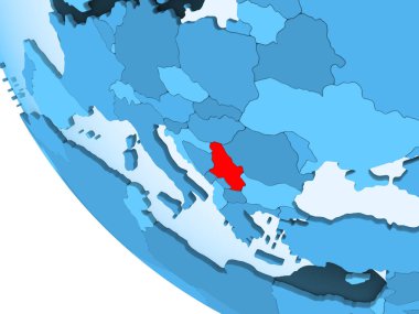 Sırbistan kırmızı şeffaf okyanuslar ile mavi siyasi dünya üzerinde vurgulanır. 3D çizim.