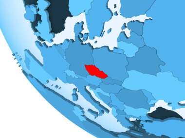 Çek Cumhuriyeti kırmızı şeffaf okyanuslar ile mavi siyasi dünya üzerinde vurgulanır. 3D çizim.