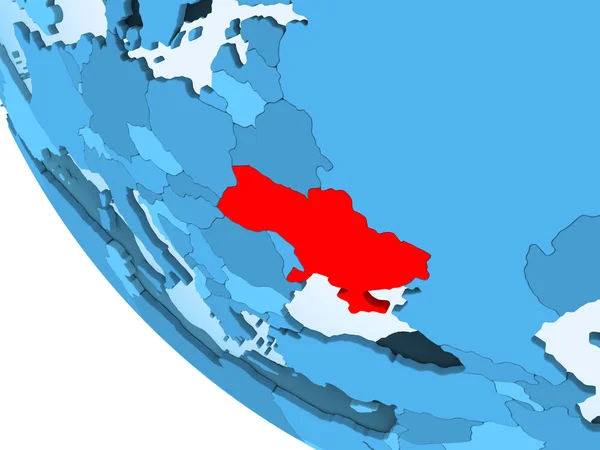 乌克兰以红色在蓝色的政治地球上突出显示了透明的海洋 — 图库照片