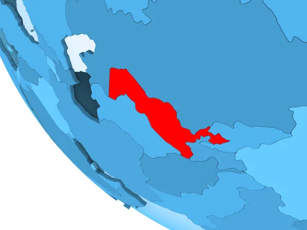 Özbekistan Kırmızı Şeffaf Okyanuslar Ile Mavi Siyasi Dünya Üzerinde Vurgulanır — Stok fotoğraf