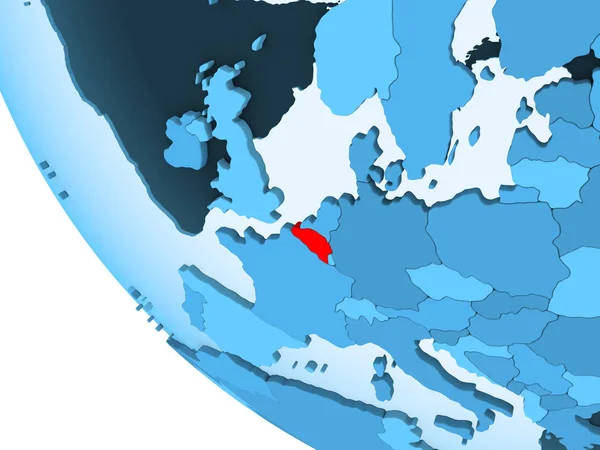 比利时以红色在蓝色政治地球上以透明的海洋突出显示 — 图库照片