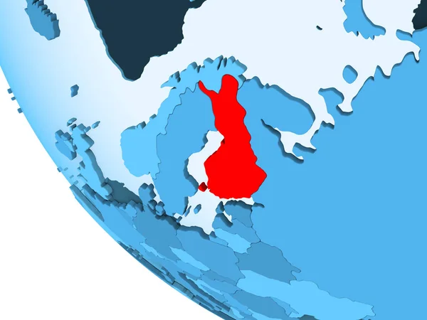 芬兰以红色在蓝色的政治地球上突出显示了透明的海洋 — 图库照片