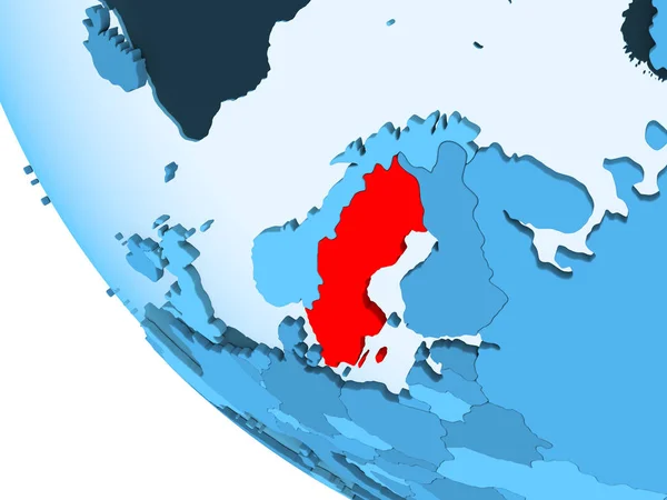 Svédország Kék Politikai Földgömb Átlátható Óceánok Pirossal Illusztráció — Stock Fotó