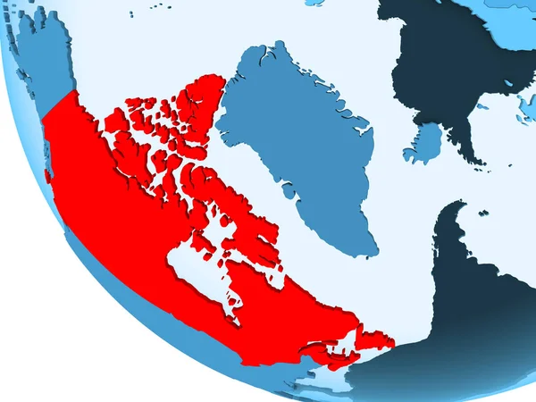 加拿大以红色在蓝色的政治地球上突出显示了透明的海洋 — 图库照片