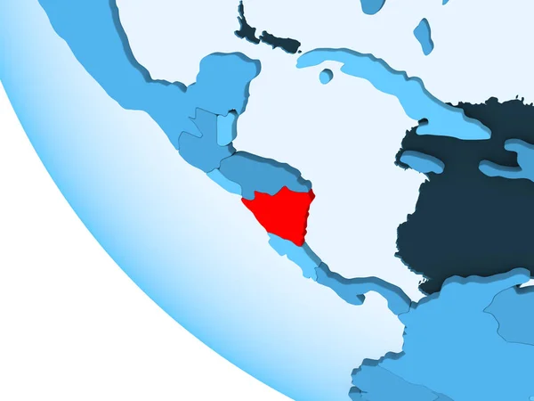 尼加拉瓜以红色在蓝色的政治地球上突出显示了透明的海洋 — 图库照片