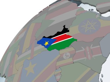 Güney Sudan katıştırılmış bayrak ile siyasi dünya üzerinde. 3D çizim.