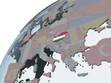 Macaristan katıştırılmış bayrak ile siyasi dünya üzerinde. 3D çizim.