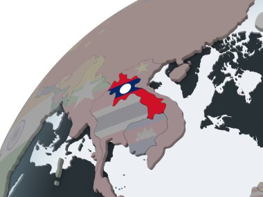 Laos katıştırılmış bayrak ile siyasi dünya üzerinde. 3D çizim.
