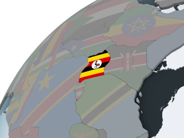 Uganda katıştırılmış bayrak ile siyasi dünya üzerinde. 3D çizim.