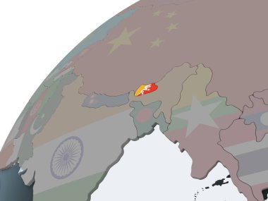 Bhutan katıştırılmış bayrak ile siyasi dünya üzerinde. 3D çizim.