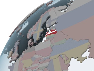 Letonya katıştırılmış bayrak ile siyasi dünya üzerinde. 3D çizim.