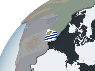 Uruguay katıştırılmış bayrak ile siyasi dünya üzerinde. 3D çizim.
