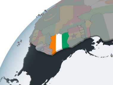 Fildişi Sahili katıştırılmış bayrak ile siyasi dünya üzerinde. 3D çizim.