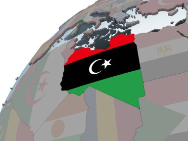 Libya katıştırılmış bayrak ile siyasi dünya üzerinde. 3D çizim.