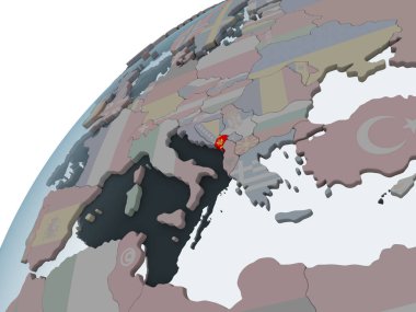 Karadağ katıştırılmış bayrak ile siyasi dünya üzerinde. 3D çizim.