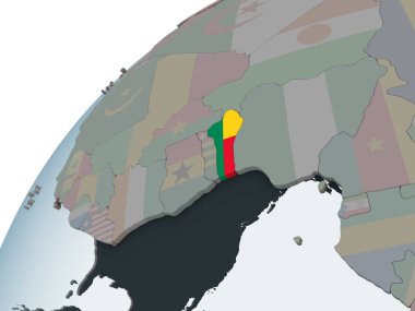 Benin katıştırılmış bayrak ile siyasi dünya üzerinde. 3D çizim.